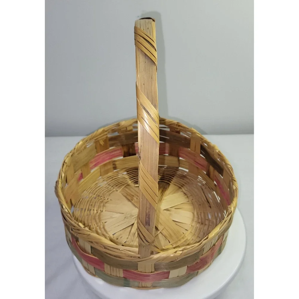Vintage Woven Easter Basket Round Splint Wood Pink Green Accent Handle